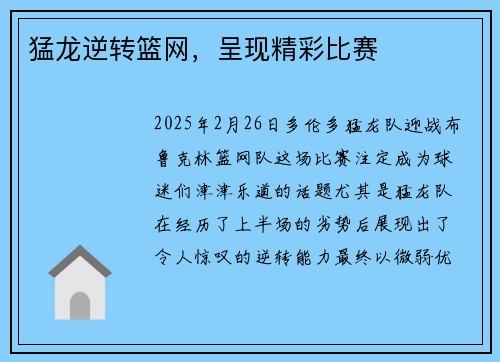 猛龙逆转篮网，呈现精彩比赛