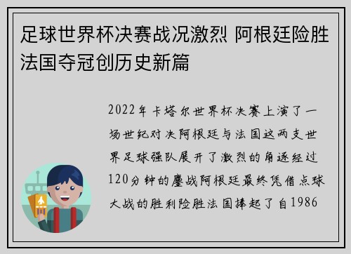 足球世界杯决赛战况激烈 阿根廷险胜法国夺冠创历史新篇